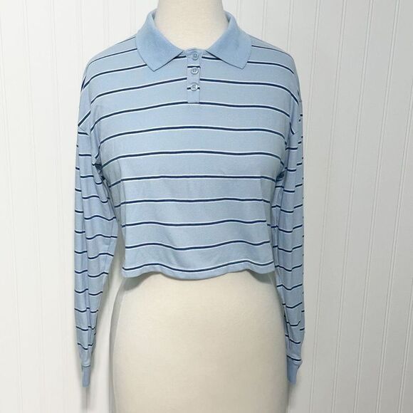 Forever 21 Womens Striped Collared Pullover Long Sleeve Crop Top Blue Size Small - Picture 10 of 10